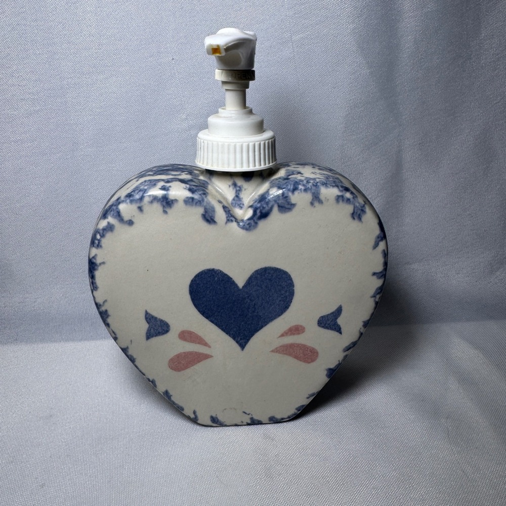 Proper Place Ceramic Heart Soap Dispenser Blue Spongeware Country Farmhouse KS